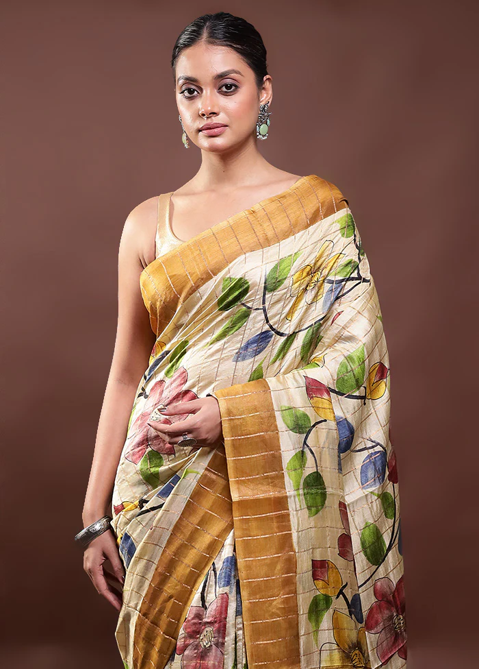 Cream Handloom Tussar Pure Silk Saree With Blouse Piece - Image 2