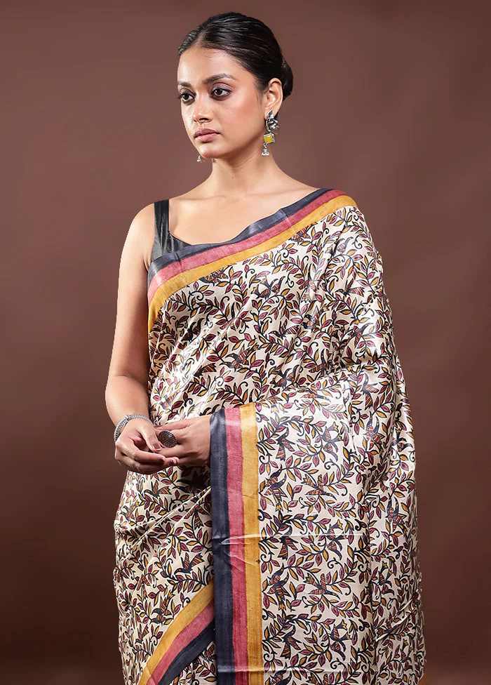 Cream Handloom Tussar Pure Silk Saree With Blouse Piece - Image 2