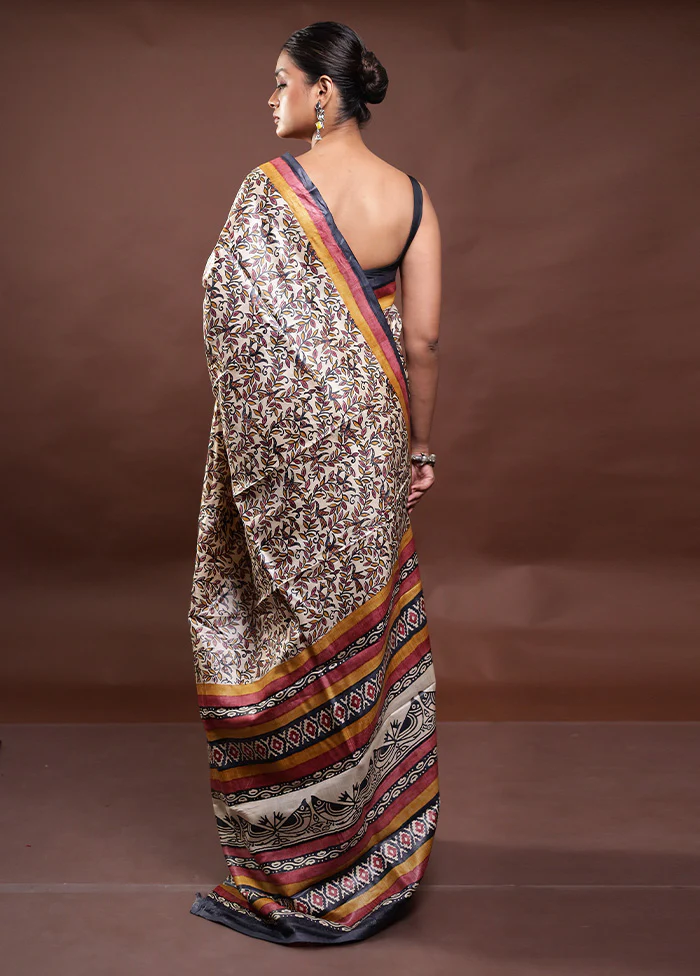 Cream Handloom Tussar Pure Silk Saree With Blouse Piece - Image 3