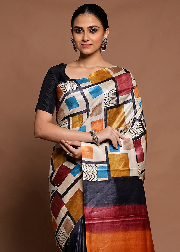 Cream Handloom Tussar Pure Silk Saree With Blouse Piece - Image 2