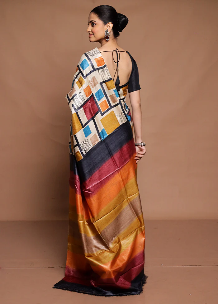 Cream Handloom Tussar Pure Silk Saree With Blouse Piece - Image 3