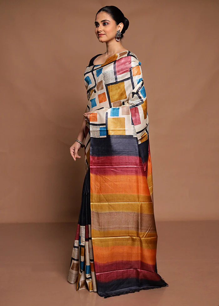 Cream Handloom Tussar Pure Silk Saree With Blouse Piece - Image 4