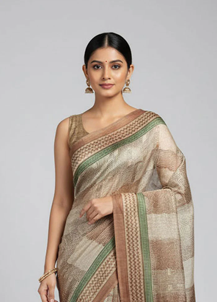 Cream Handloom Tussar Pure Silk Saree With Blouse Piece - Image 2