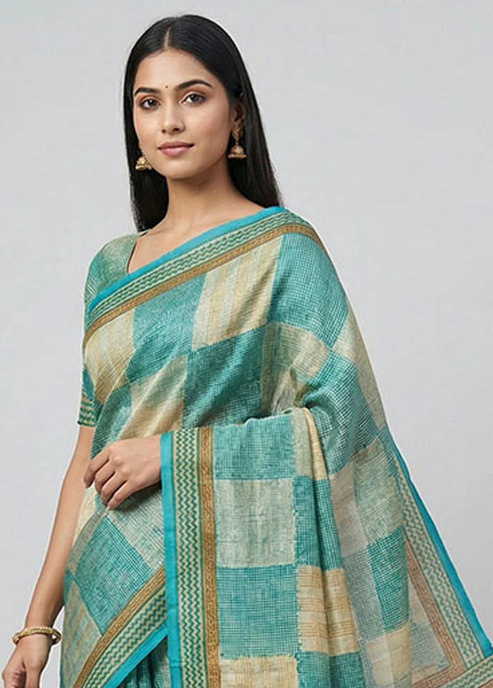 Cream Handloom Tussar Pure Silk Saree With Blouse Piece - Image 2