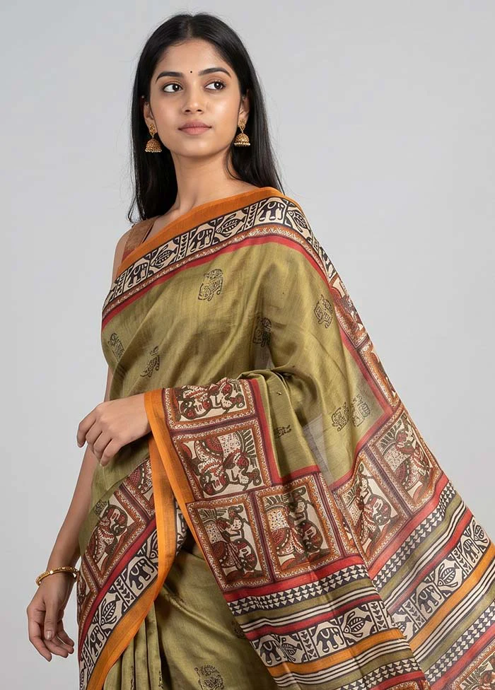 Cream Handloom Tussar Pure Silk Saree With Blouse Piece - Image 2