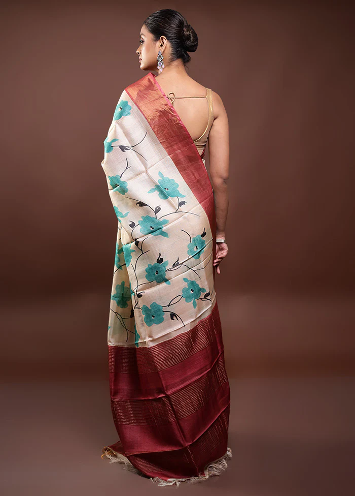 Cream Handloom Tussar Pure Silk Saree With Blouse Piece - Image 3