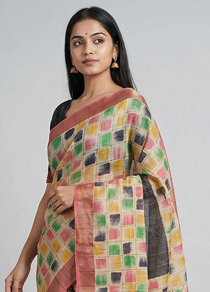 Cream Handloom Tussar Pure Silk Saree With Blouse Piece - Image 2