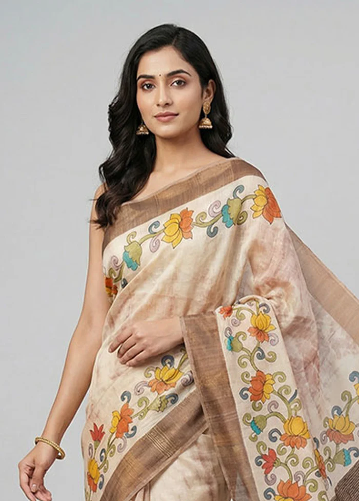 Cream Handloom Tussar Pure Silk Saree With Blouse Piece - Image 2
