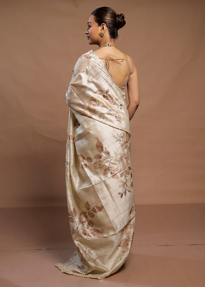 Cream Handloom Tussar Pure Silk Saree With Blouse Piece - Image 3