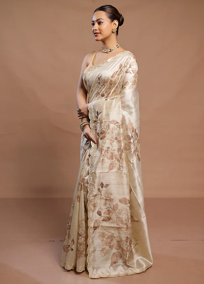 Cream Handloom Tussar Pure Silk Saree With Blouse Piece - Image 4