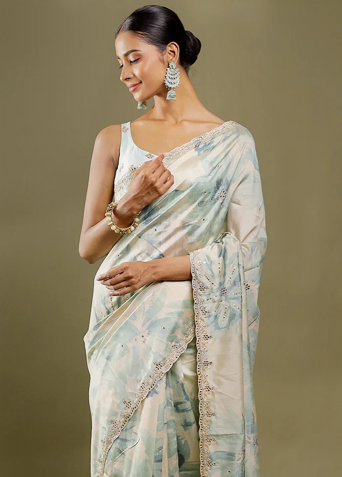 Cream Handloom Tussar Pure Silk Saree With Blouse Piece - Image 2