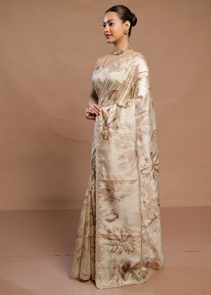 Cream Handloom Tussar Pure Silk Saree With Blouse Piece - Image 4