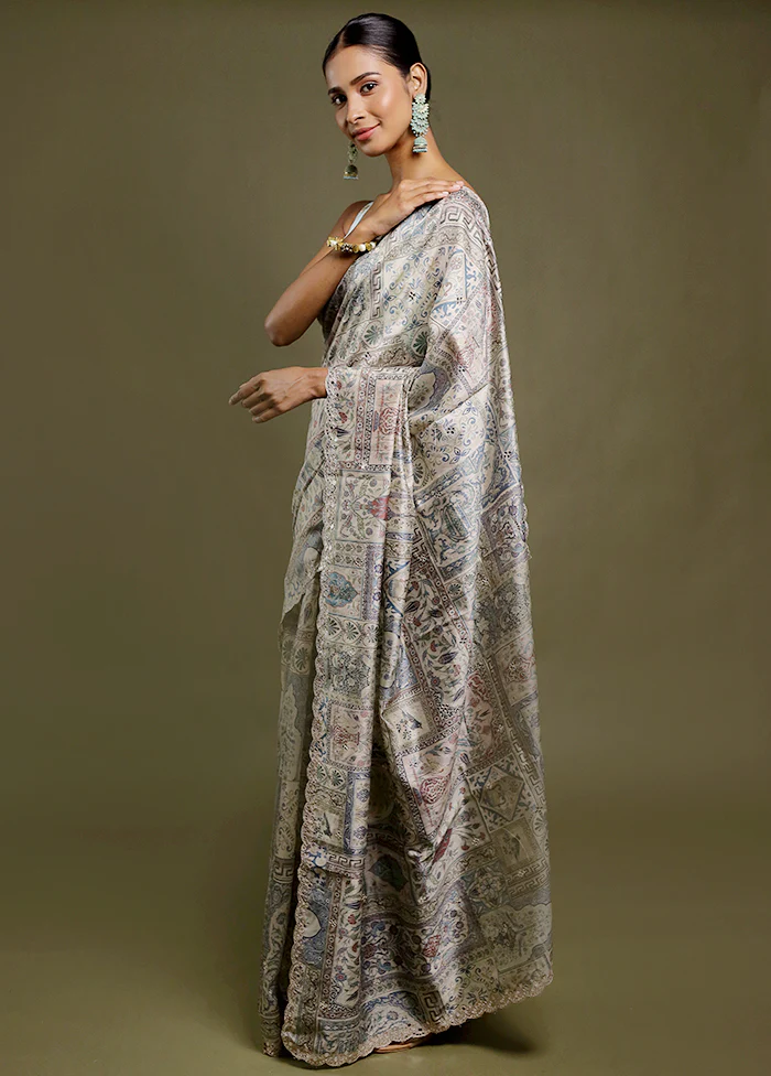 Cream Handloom Tussar Pure Silk Saree With Blouse Piece - Image 2
