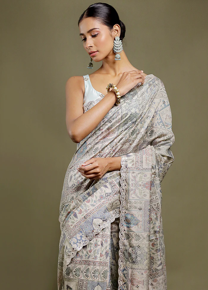 Cream Handloom Tussar Pure Silk Saree With Blouse Piece - Image 3