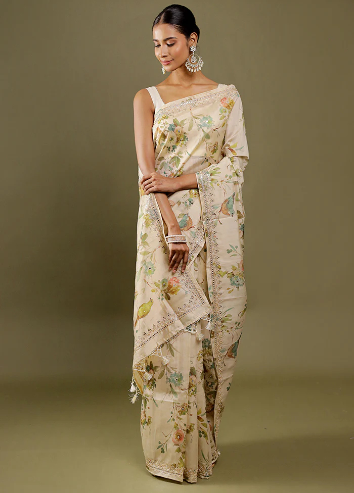 Cream Handloom Tussar Pure Silk Saree With Blouse Piece - Image 2