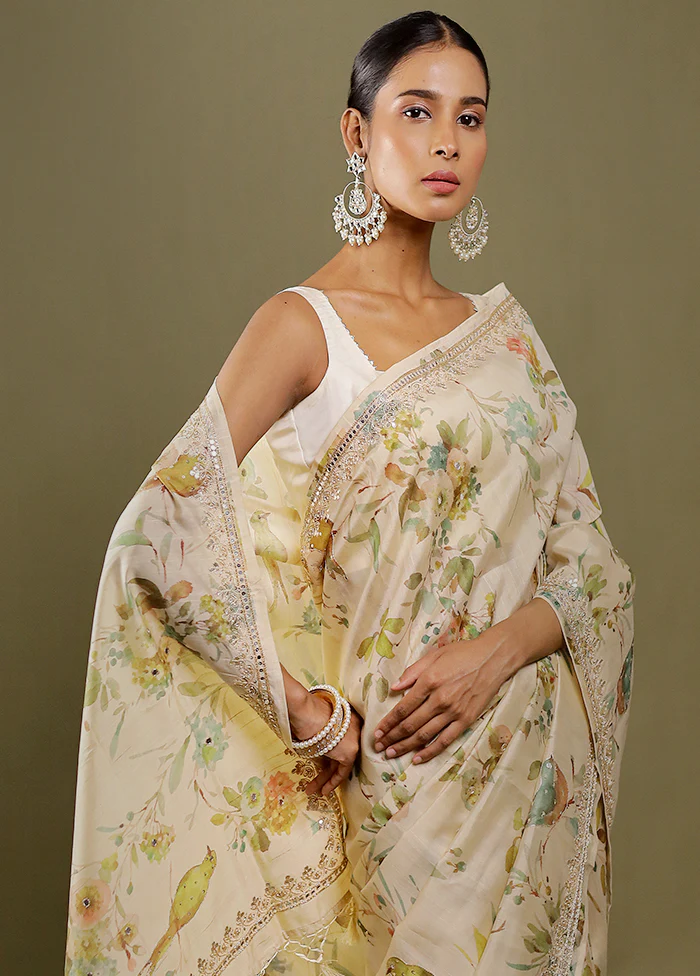 Cream Handloom Tussar Pure Silk Saree With Blouse Piece - Image 3