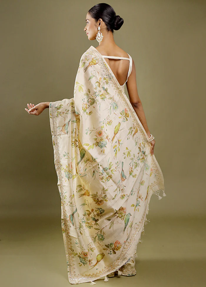 Cream Handloom Tussar Pure Silk Saree With Blouse Piece - Image 4