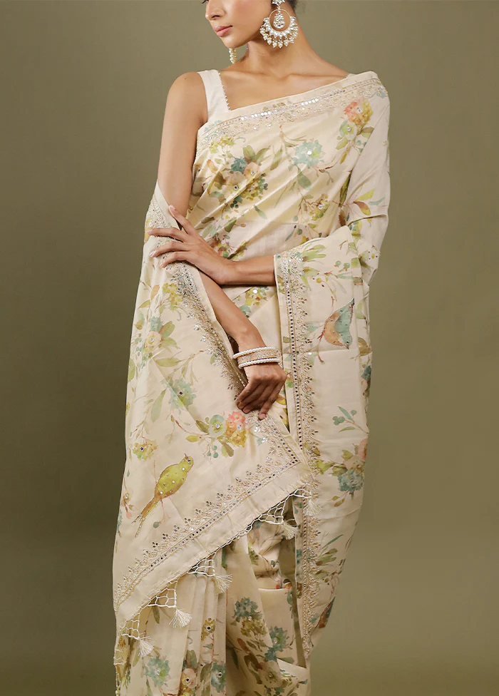 Cream Handloom Tussar Pure Silk Saree With Blouse Piece - Image 5