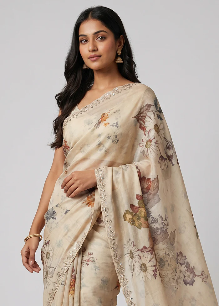 Cream Handloom Tussar Pure Silk Saree With Blouse Piece - Image 2