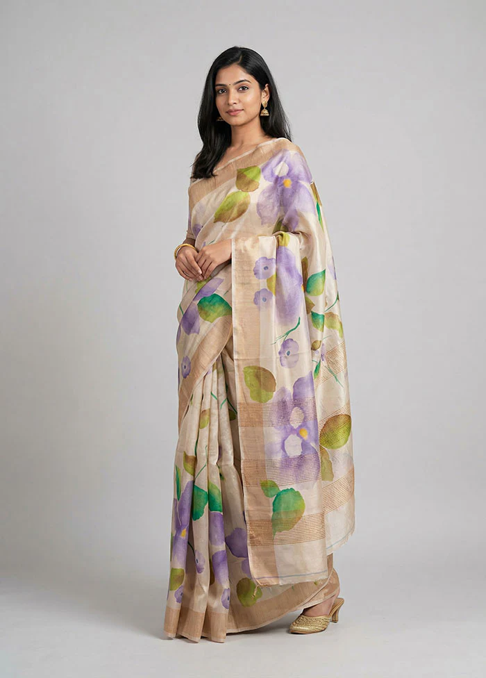 Cream Handloom Tussar Pure Silk Saree With Blouse Piece
