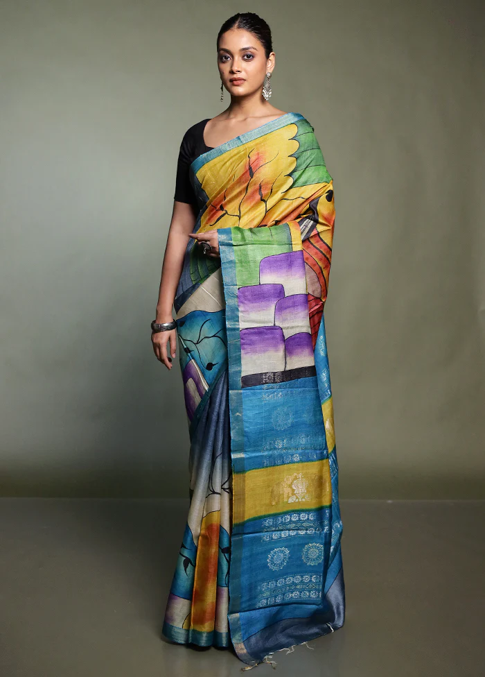 Cream Handloom Tussar Pure Silk Saree With Blouse Piece - Image 2