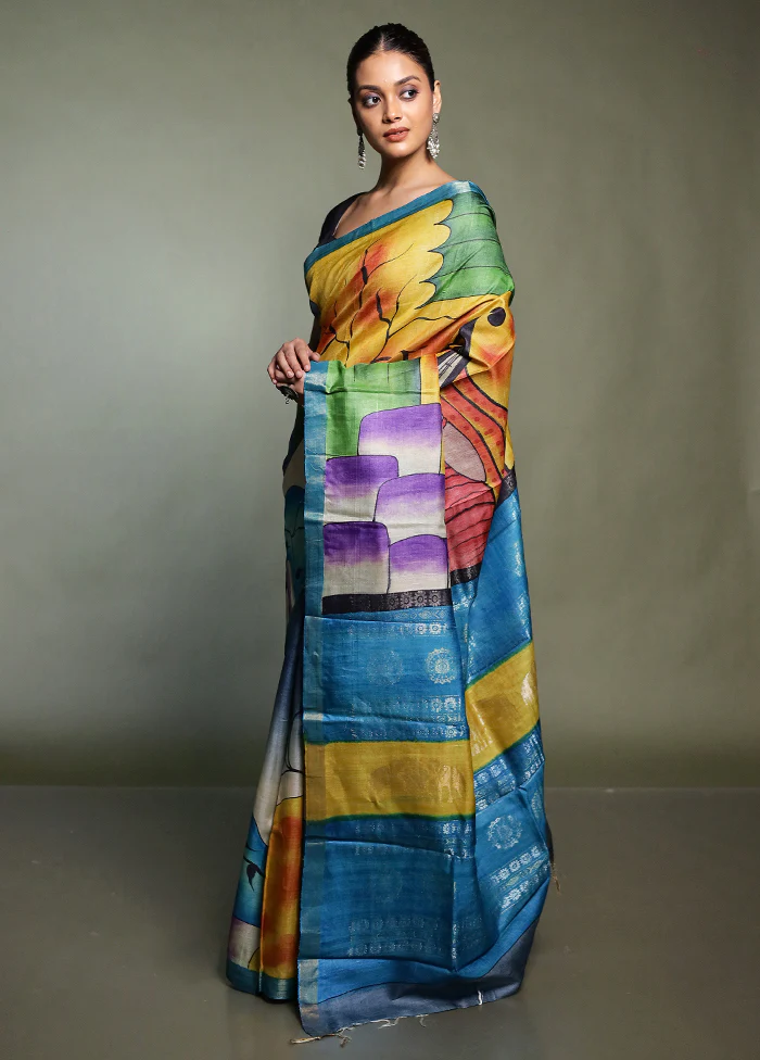 Cream Handloom Tussar Pure Silk Saree With Blouse Piece - Image 4