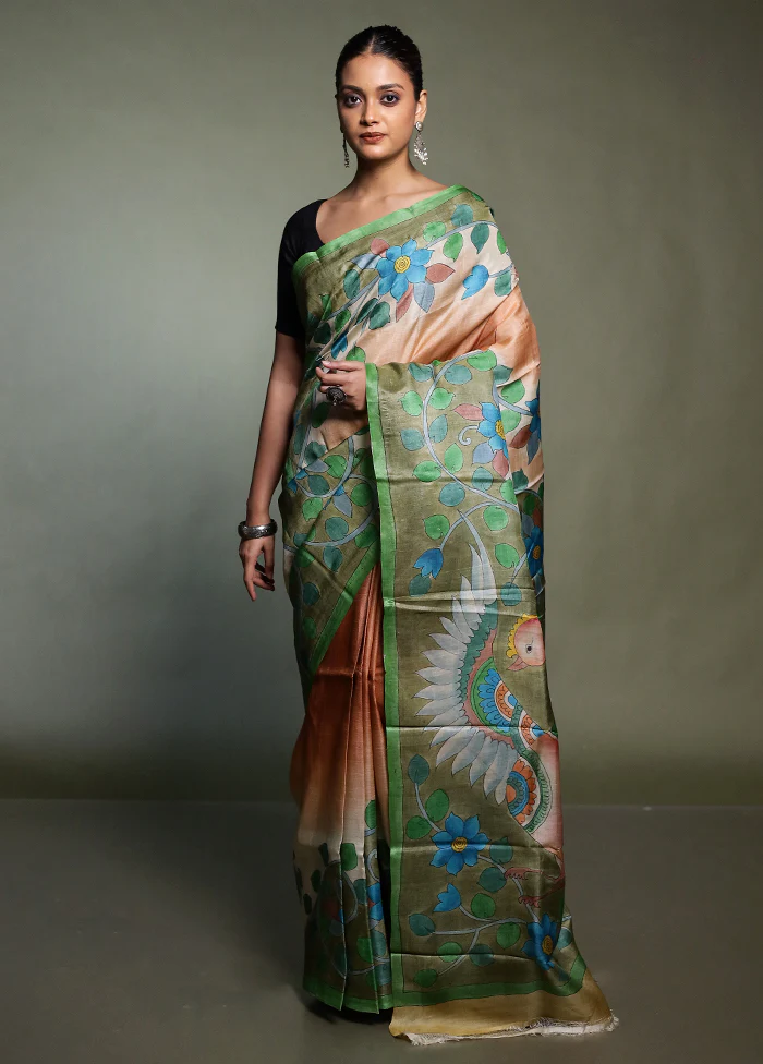 Cream Handloom Tussar Pure Silk Saree With Blouse Piece - Image 2