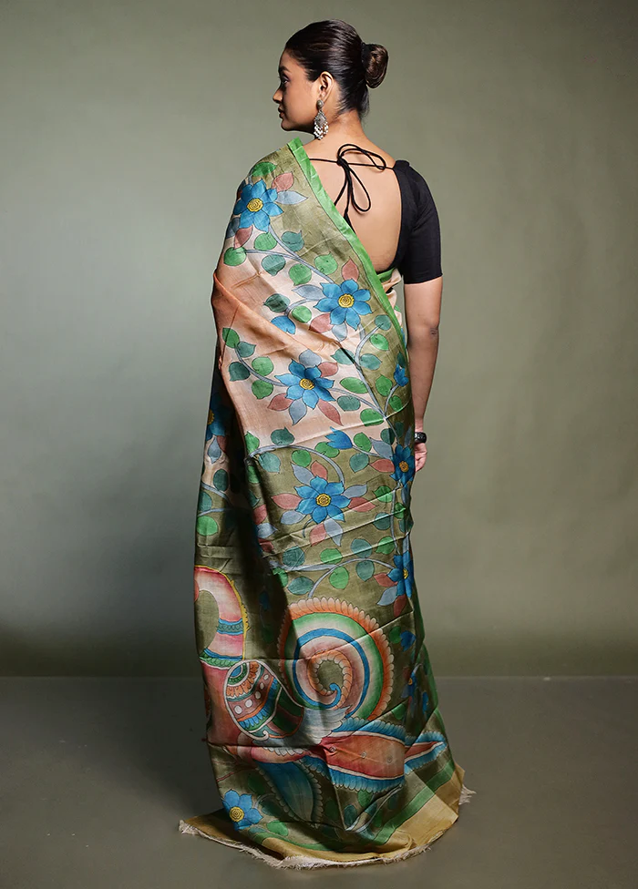 Cream Handloom Tussar Pure Silk Saree With Blouse Piece - Image 3