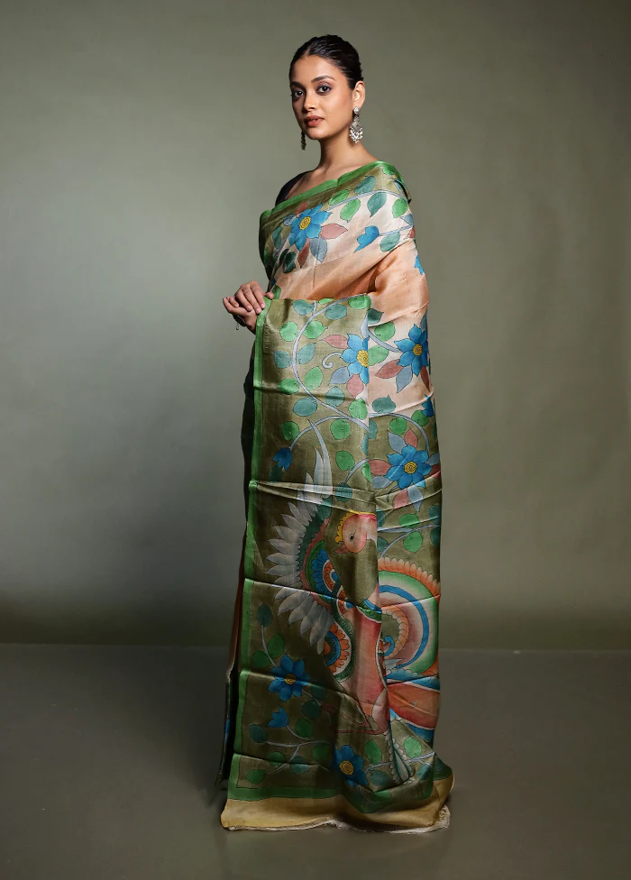 Cream Handloom Tussar Pure Silk Saree With Blouse Piece - Image 4