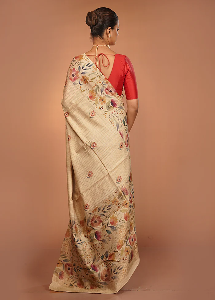 Cream Handloom Tussar Pure Silk Saree With Blouse Piece - Image 3