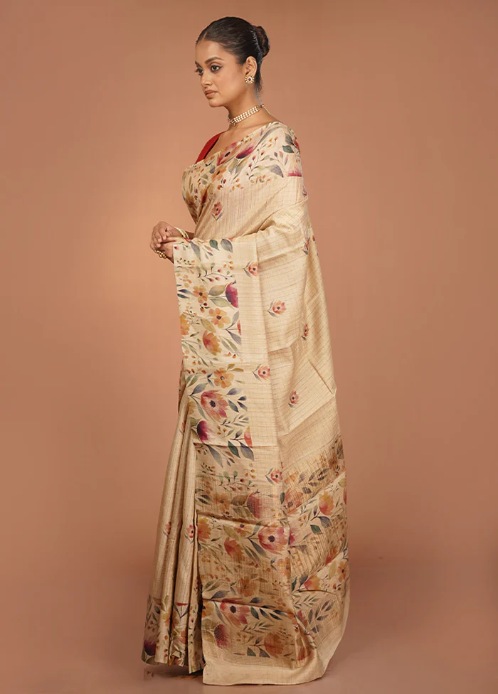 Cream Handloom Tussar Pure Silk Saree With Blouse Piece - Image 4