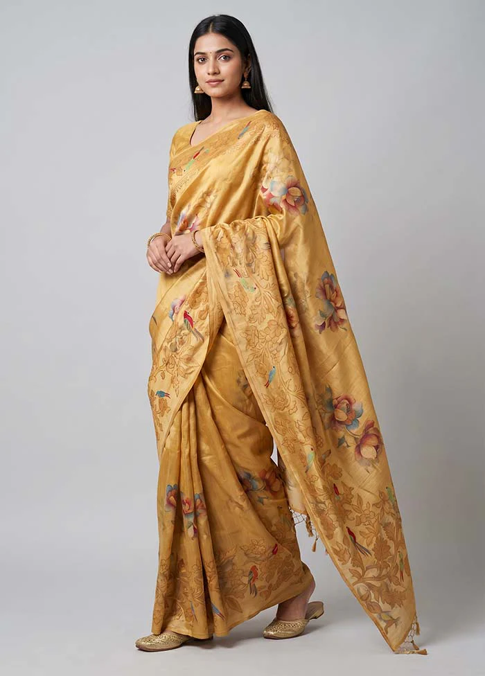 Cream Handloom Tussar Pure Silk Saree With Blouse Piece