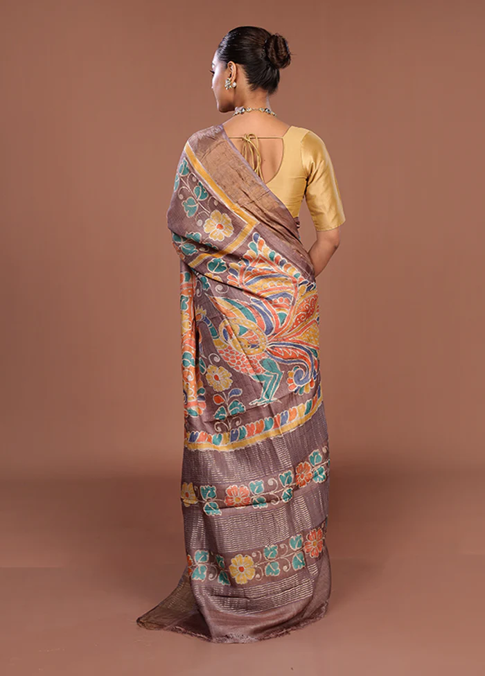 Cream Handloom Tussar Pure Silk Saree With Blouse Piece - Image 3