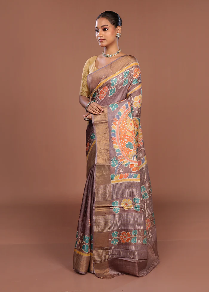 Cream Handloom Tussar Pure Silk Saree With Blouse Piece - Image 4