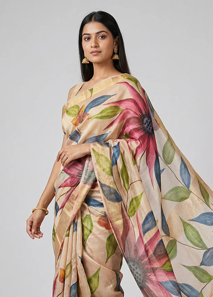 Cream Handloom Tussar Pure Silk Saree With Blouse Piece - Image 2