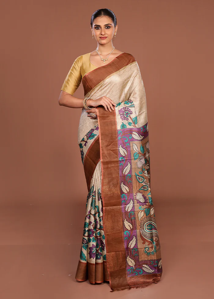 Cream Handloom Tussar Pure Silk Saree With Blouse Piece - Image 2