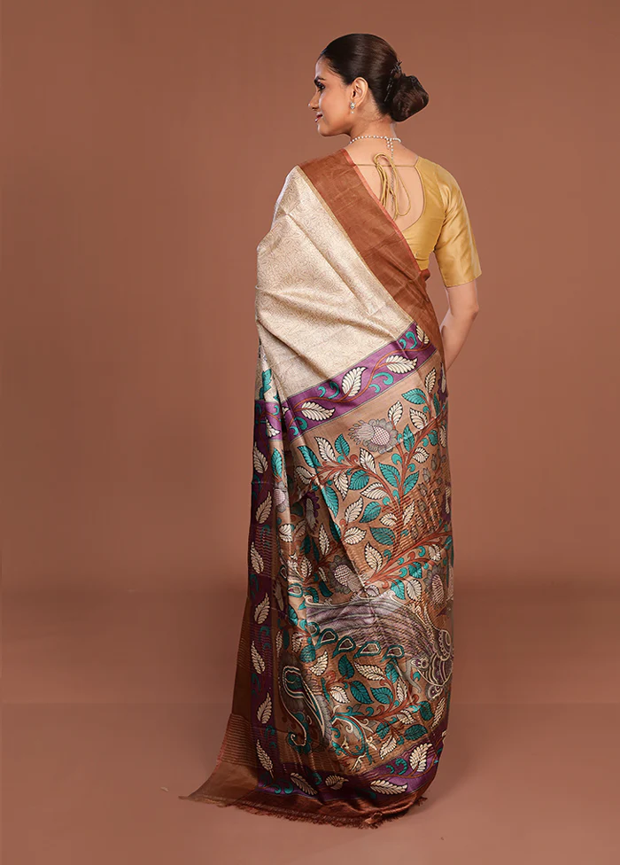 Cream Handloom Tussar Pure Silk Saree With Blouse Piece - Image 3