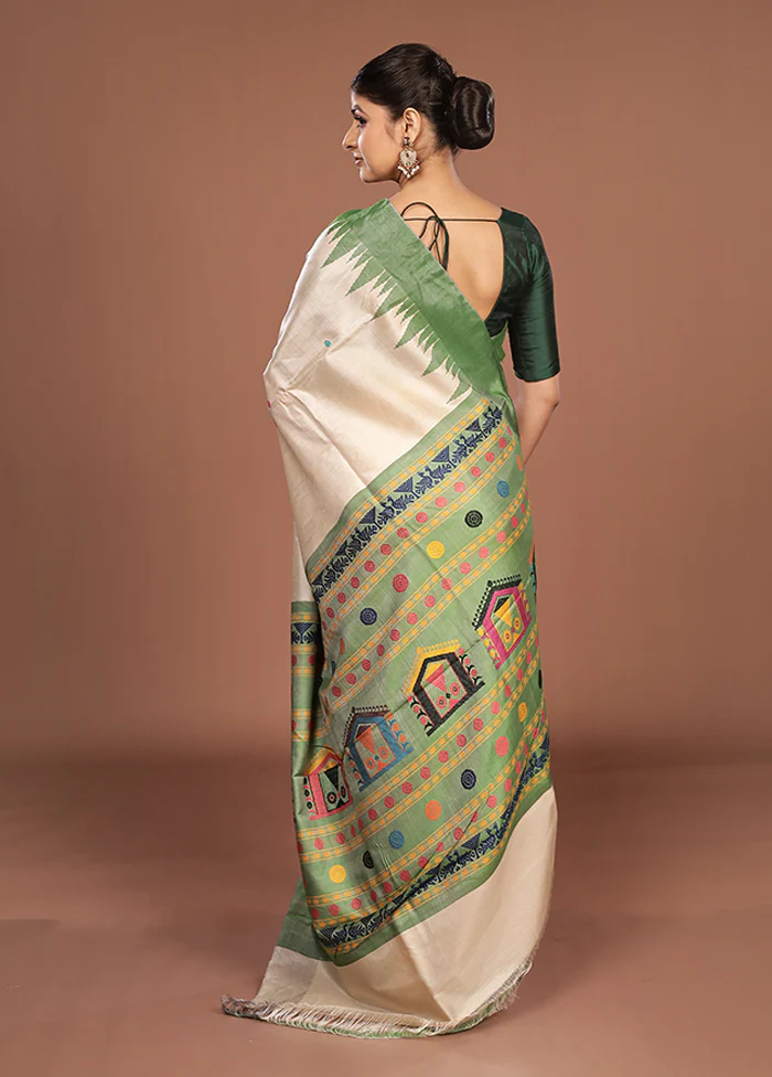 Cream Handloom Tussar Pure Silk Saree With Blouse Piece - Image 3