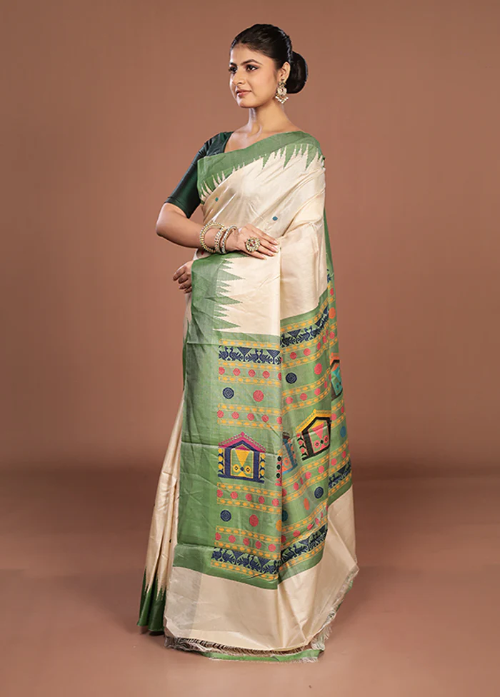 Cream Handloom Tussar Pure Silk Saree With Blouse Piece - Image 4