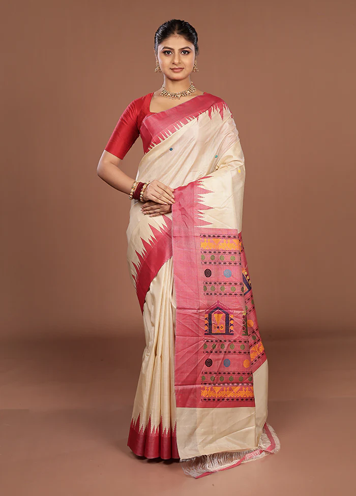 Cream Handloom Tussar Pure Silk Saree With Blouse Piece - Image 2
