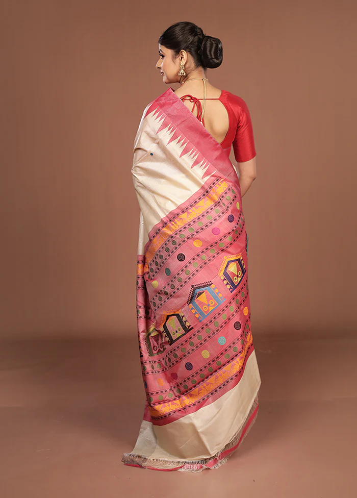 Cream Handloom Tussar Pure Silk Saree With Blouse Piece - Image 3