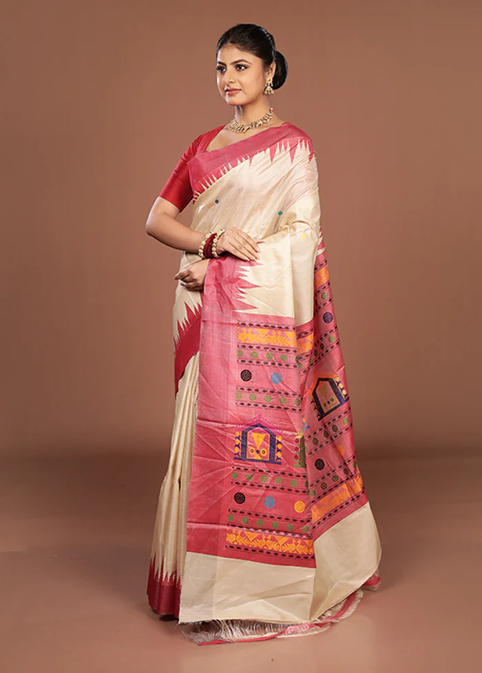 Cream Handloom Tussar Pure Silk Saree With Blouse Piece - Image 4