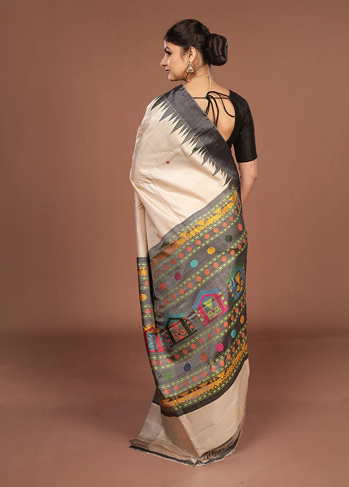 Cream Handloom Tussar Pure Silk Saree With Blouse Piece - Image 3