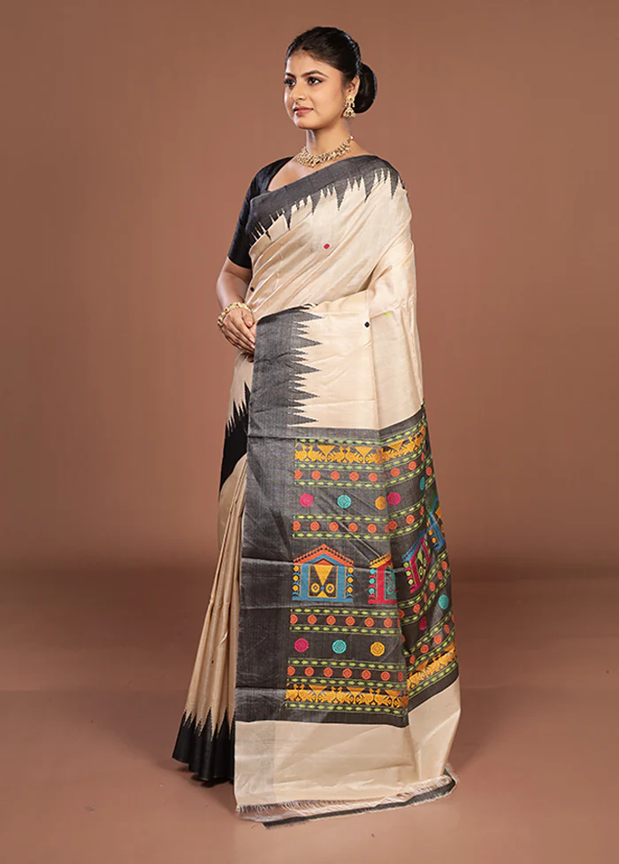 Cream Handloom Tussar Pure Silk Saree With Blouse Piece - Image 4