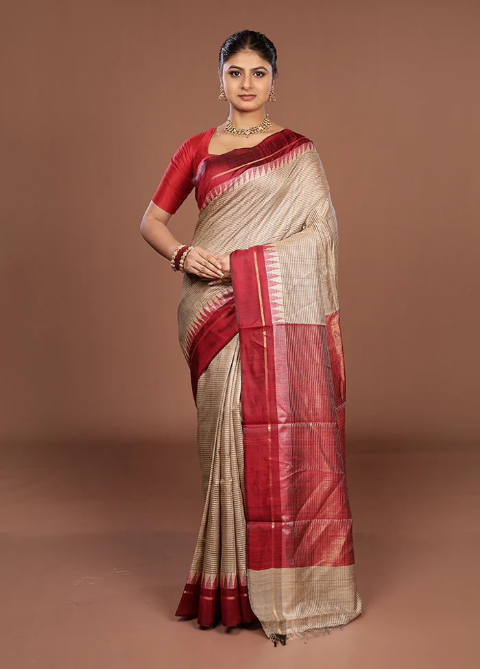 Cream Handloom Tussar Pure Silk Saree With Blouse Piece - Image 2
