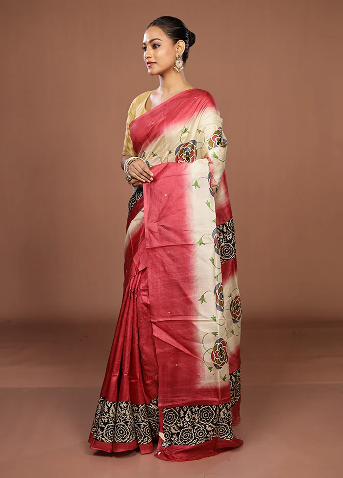Cream Handloom Tussar Pure Silk Saree With Blouse Piece - Image 4