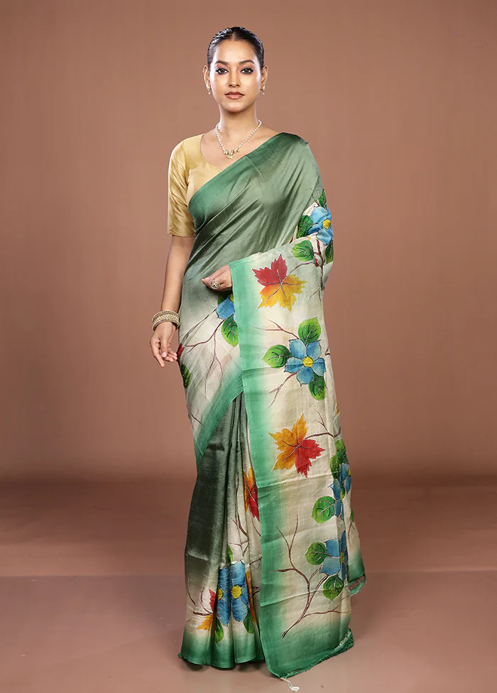 Cream Handloom Tussar Pure Silk Saree With Blouse Piece - Image 2