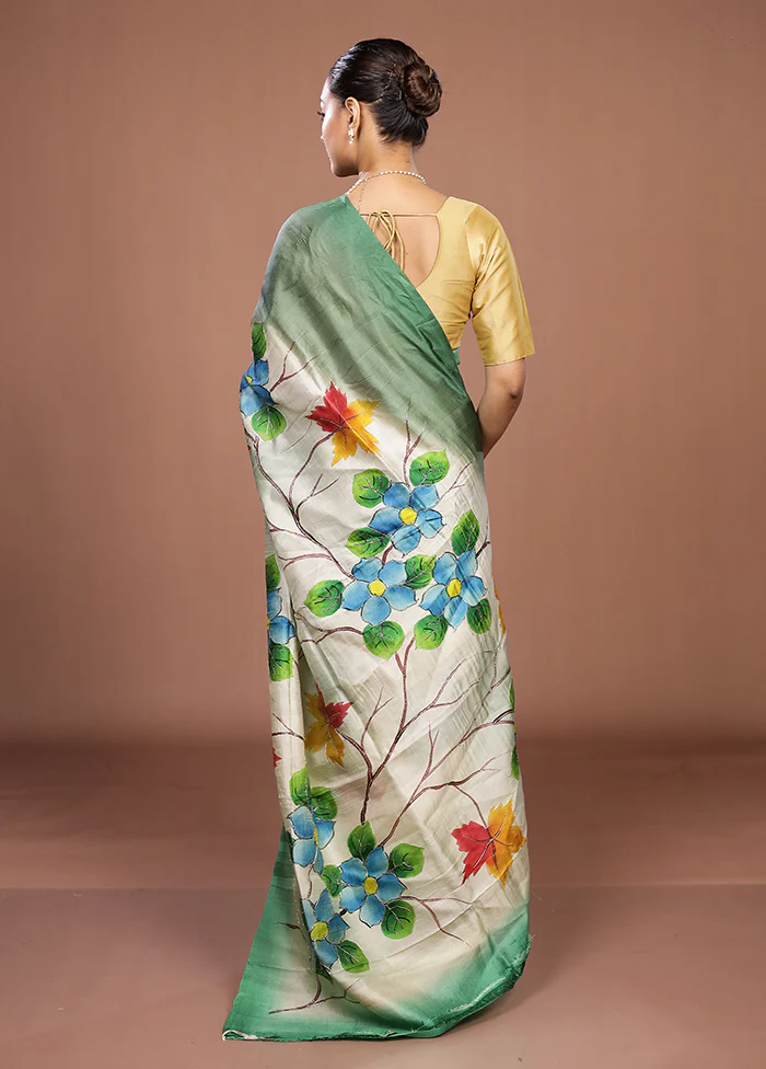 Cream Handloom Tussar Pure Silk Saree With Blouse Piece - Image 3