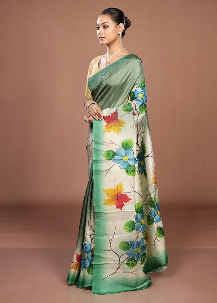 Cream Handloom Tussar Pure Silk Saree With Blouse Piece - Image 4