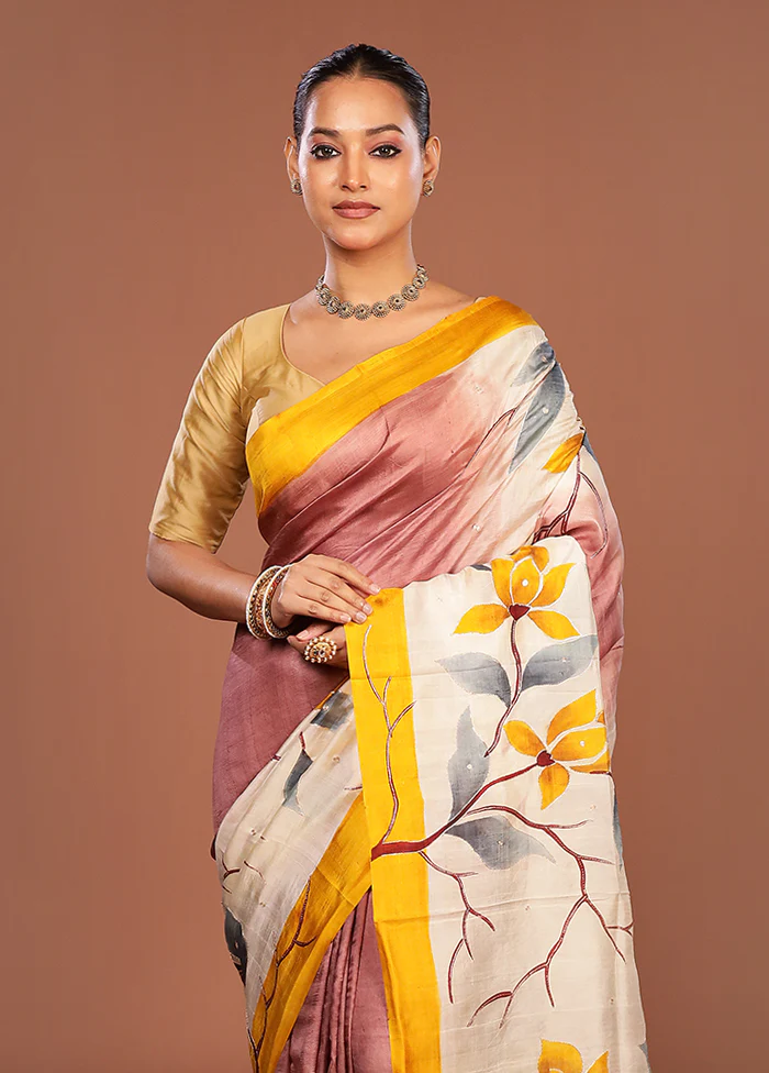 Cream Handloom Tussar Pure Silk Saree With Blouse Piece